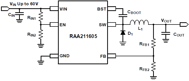 RAA211605 - スイッチング周波数450kHz、60V 0.5A DC/DC降圧